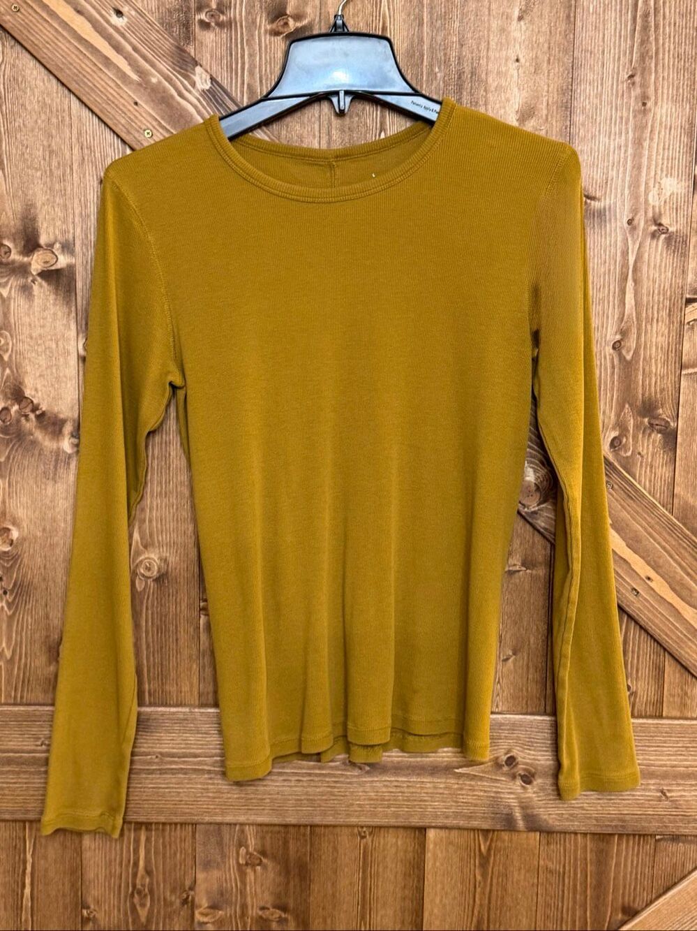 Everlane Women’s Large Mustard Olive Ribbed Long Sleeve Crew Neck Top(9425)